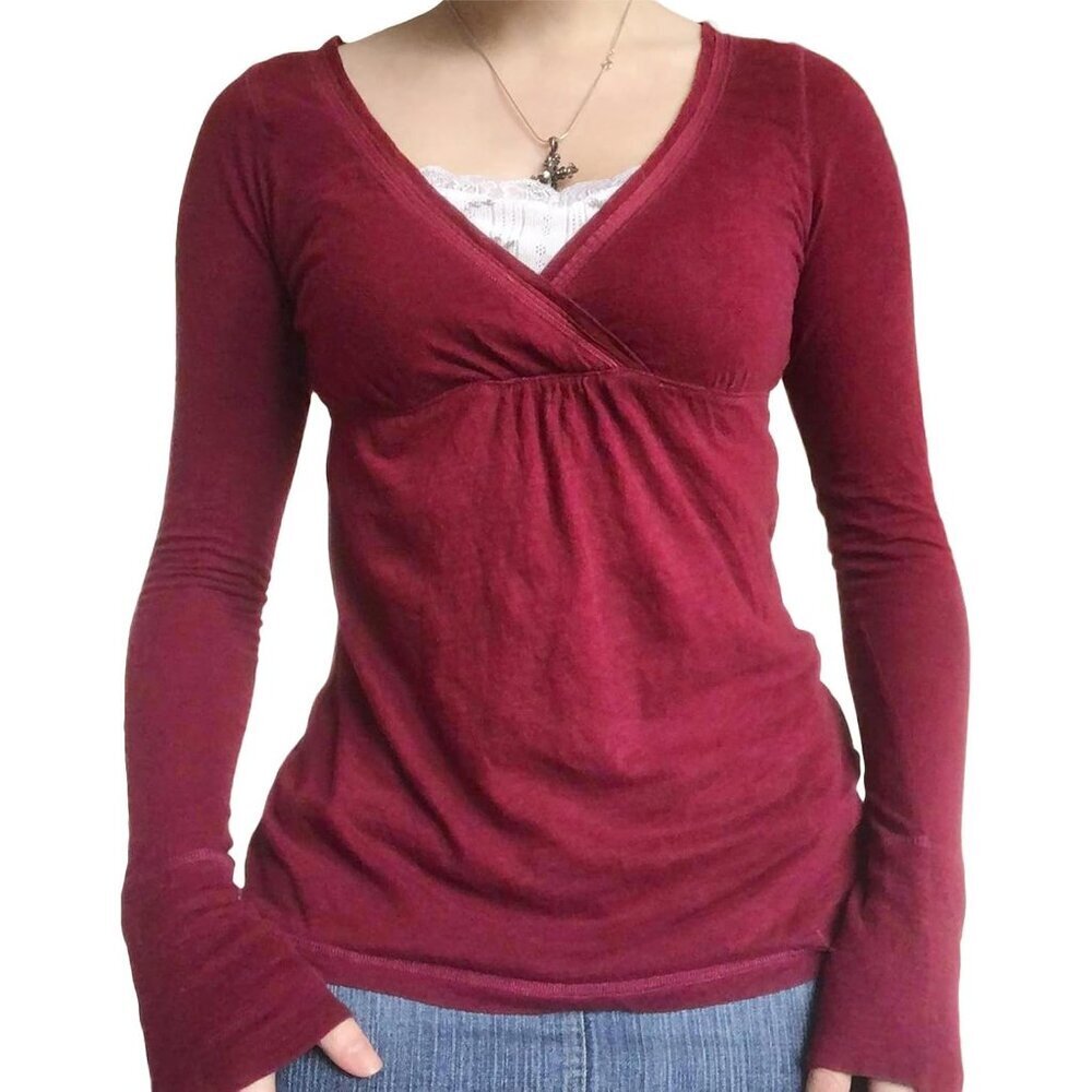 Y2K Fairy Grunge Top Women Long Sleeve V Neck Slim Fit Vintage T Shirt - Picture 1 of 5